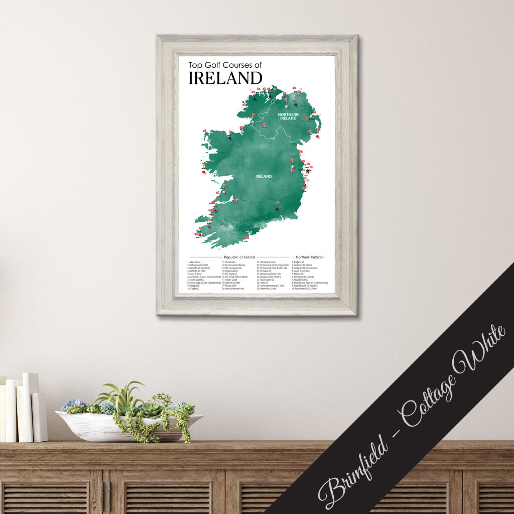 Top Golf Courses of Ireland and Northern Ireland Canvas Push Pin Map in Premium Brimfield White Frame
