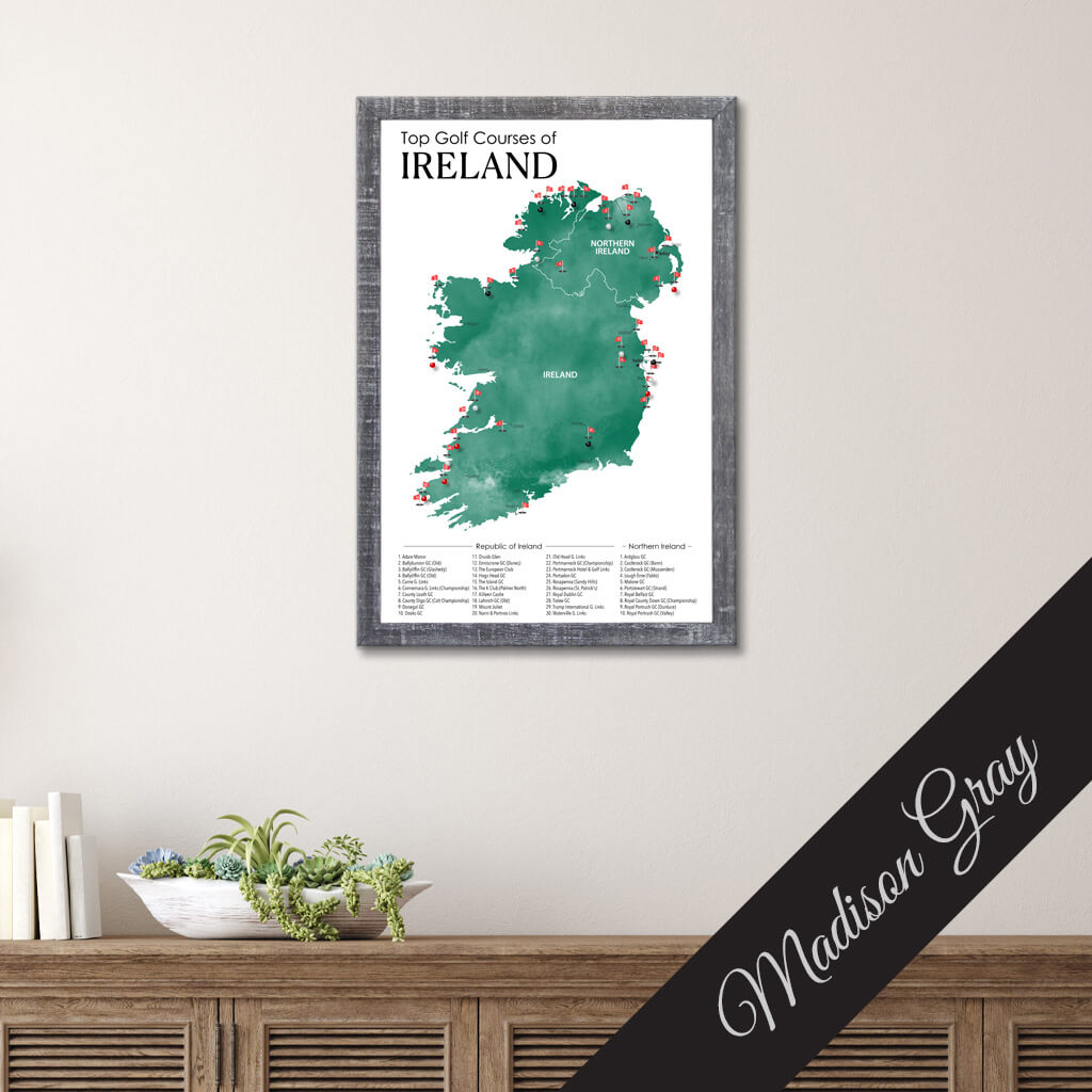 Top Golf Courses of Ireland and Northern Ireland Canvas Push Pin Map in Premium Madison Gray Frame