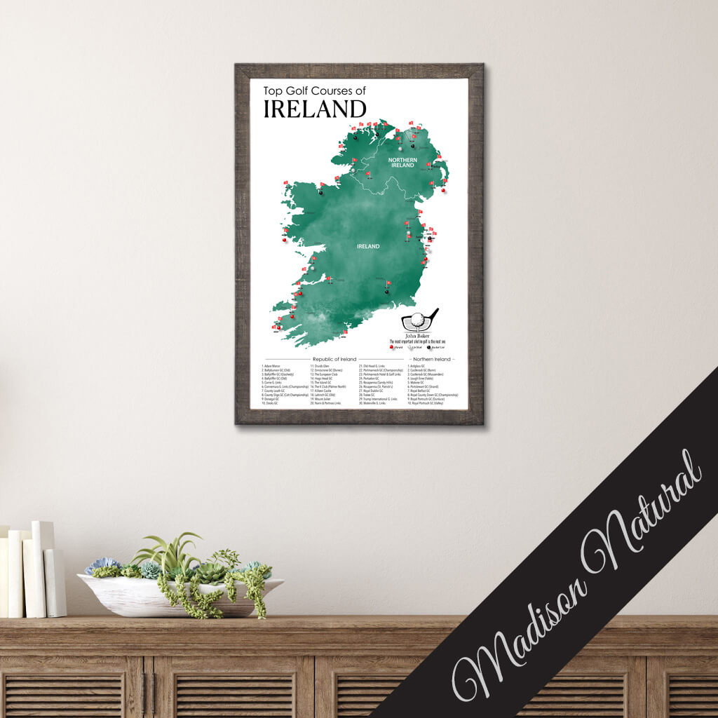 Top Golf Courses of Ireland and Northern Ireland Canvas Push Pin Map in Premium Madison Natural Brown Frame