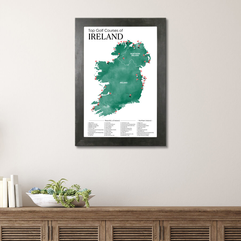Golf Course Map of Ireland and Northern Ireland in Rustic Black Frame