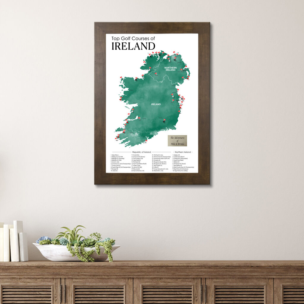 Top Golf Courses Map of Ireland and Northern Ireland Travel Map in Rustic Brown Frame