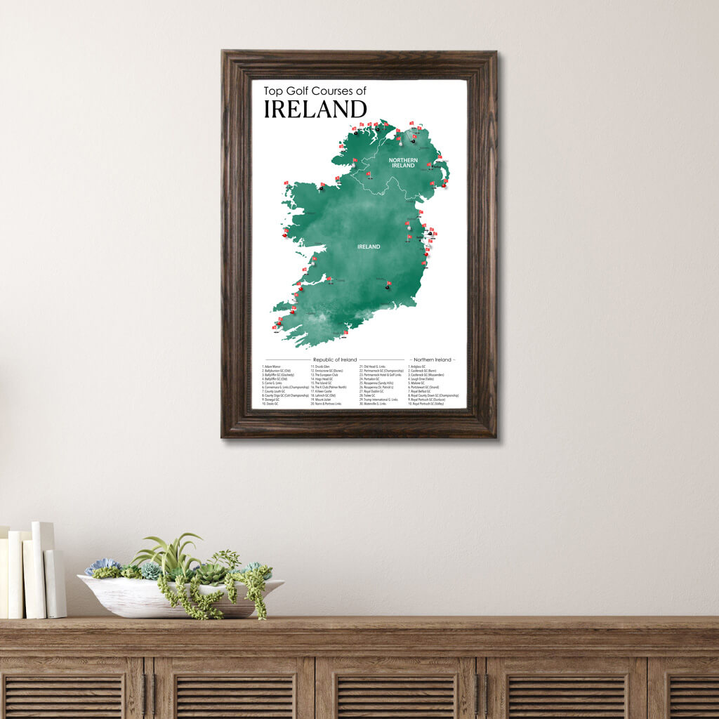 Top Golf Courses Map of Ireland and Northern Ireland Travel Map in Solid Wood Brown Frame