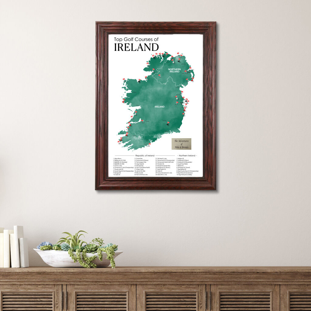 Top Golf Courses Map of Ireland and Northern Ireland Travel Map in Solid Wood Cherry Frame
