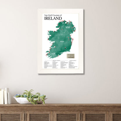 Top Golf Courses Map of Ireland and Northern Ireland Travel Map in Textured White Frame