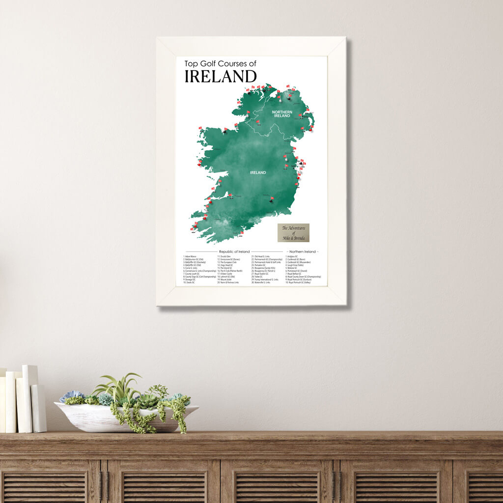 Top Golf Courses Map of Ireland and Northern Ireland Travel Map in Textured White Frame