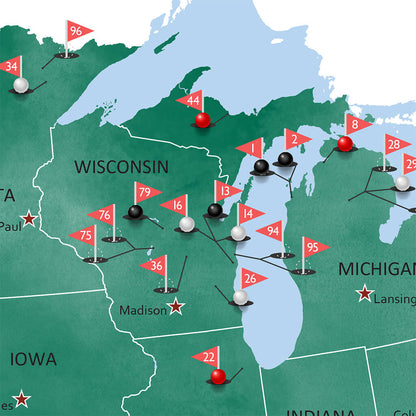 Closeup of North Midwest Golf Courses on 100 Public Golf Courses Travel Map with Pins