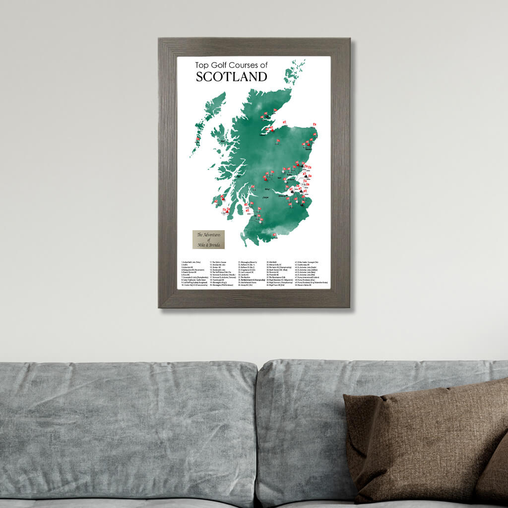 Top Golf Courses of Scotland Wall Map in Barnwood Gray Frame