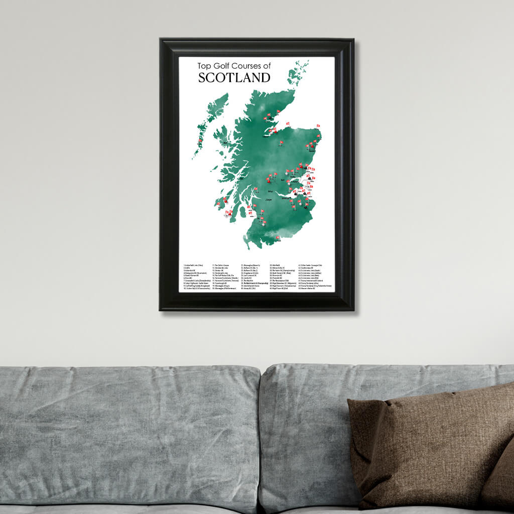 Top Golf Courses of Scotland Wall Map in Black Frame
