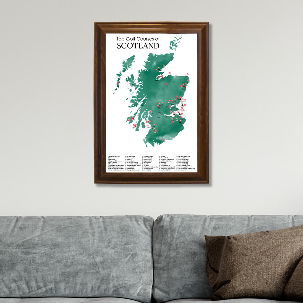Top Golf Courses of Scotland Wall Map in Brown Frame
