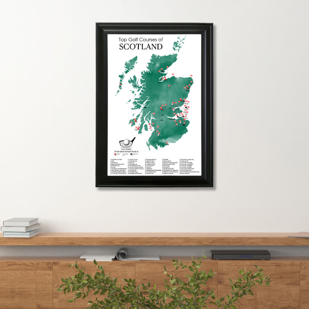 Canvas Map of Top Golf Courses of Scotland Travel Map in Black Frame