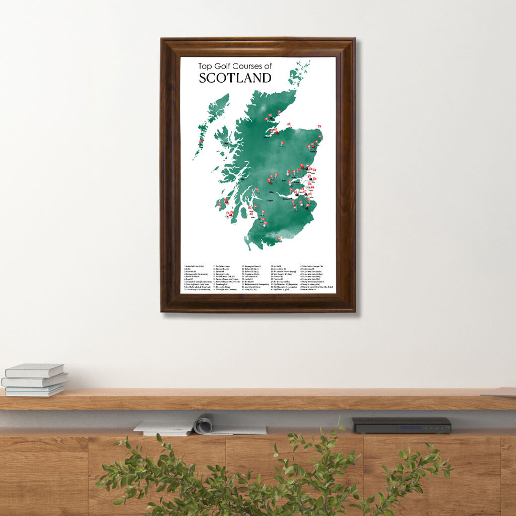 Canvas Map of Top Golf Courses of Scotland Travel Map in Brown Frame