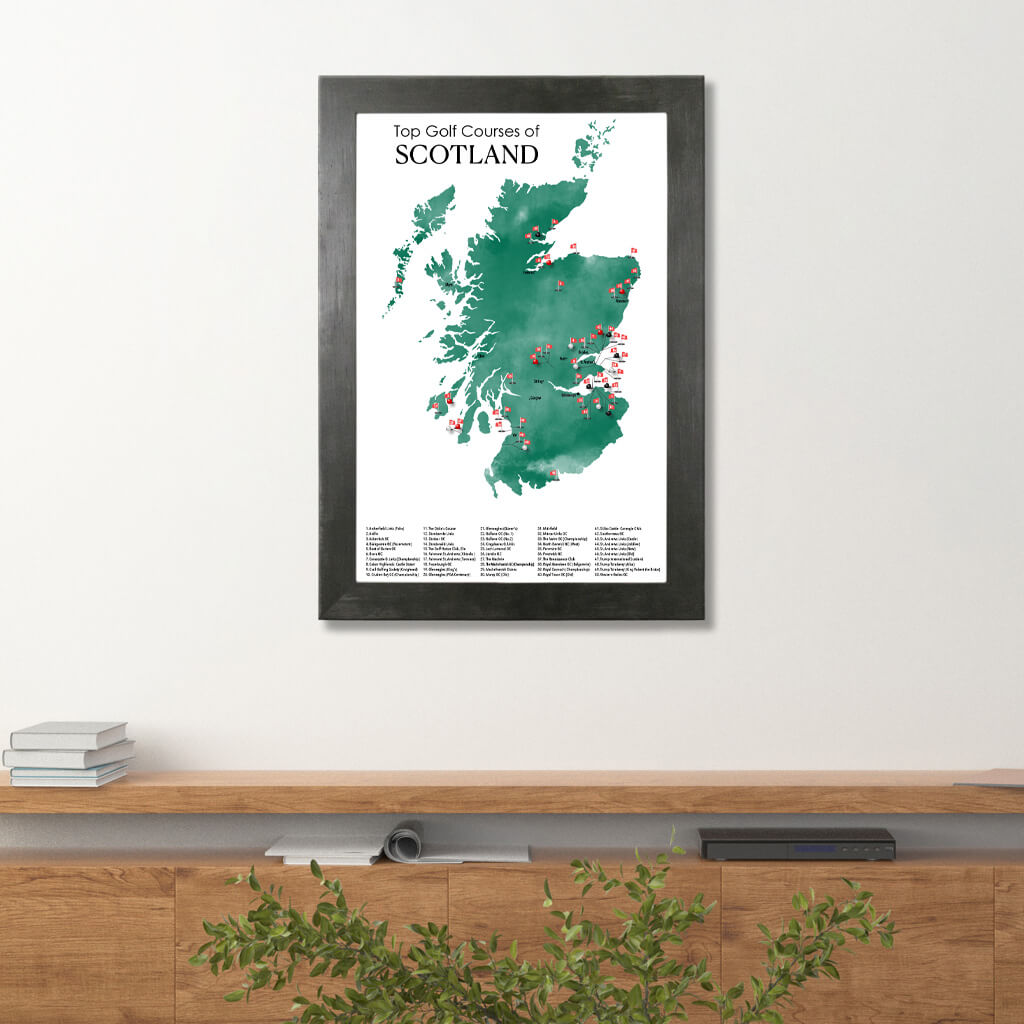 Canvas Map of Top Golf Courses of Scotland Travel Map in Rustic Black Frame