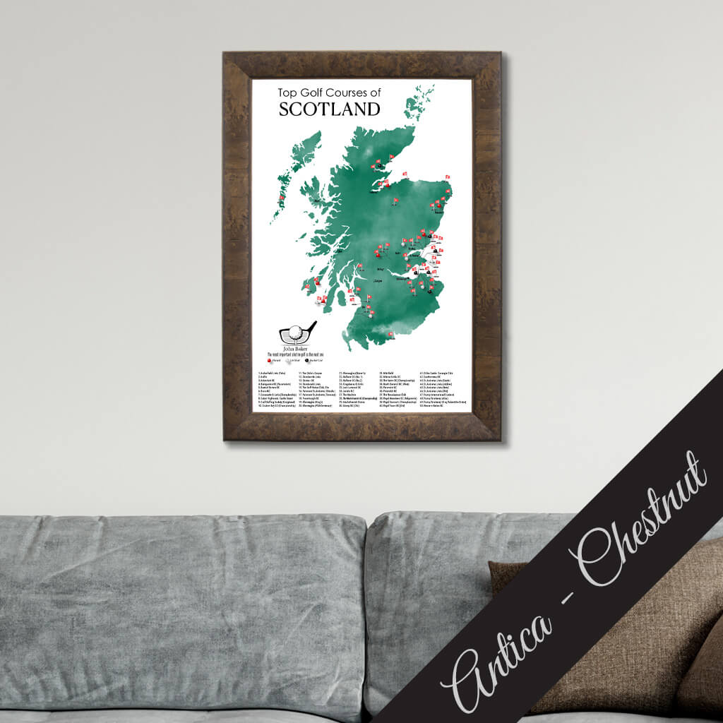Canvas Map of Top Golf Courses of Scotland Travel Map in Premium Antica Chestnut Frame