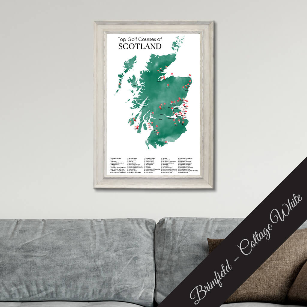 Canvas Map of Top Golf Courses of Scotland Travel Map in Premium Brimfield White Frame