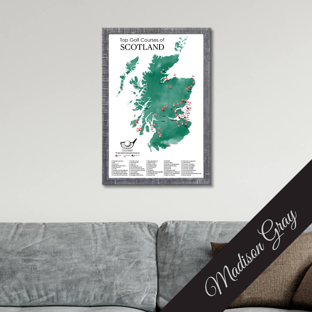 Canvas Map of Top Golf Courses of Scotland Travel Map in Premium Madison Gray Frame