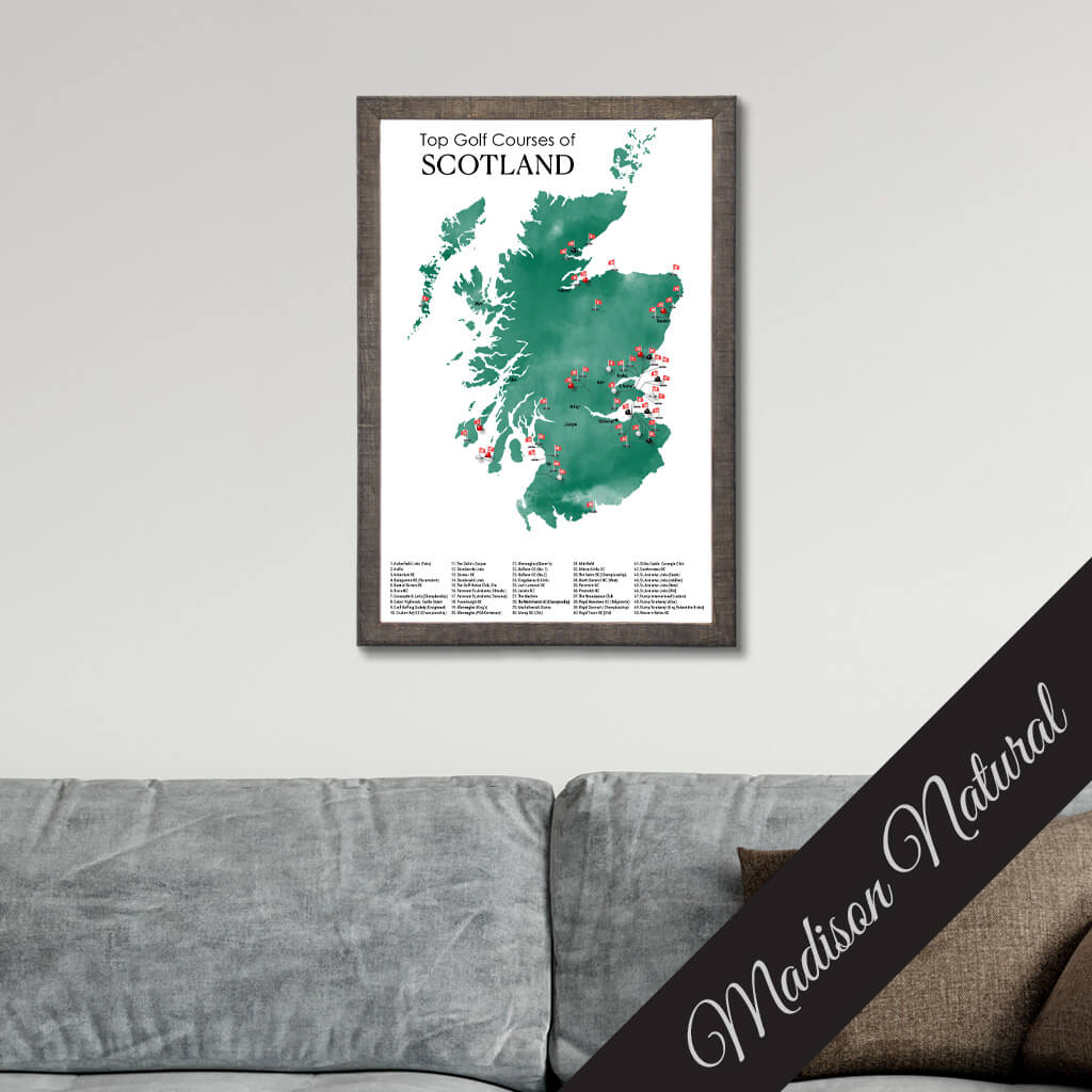 Canvas Map of Top Golf Courses of Scotland Travel Map in Premium Madison Natural Brown Frame
