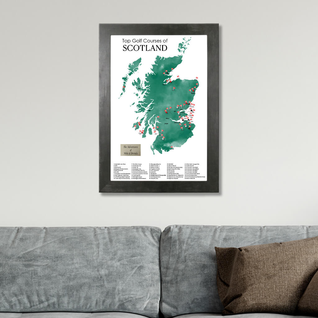 Top Golf Courses of Scotland Wall Map in Rustic Black Frame