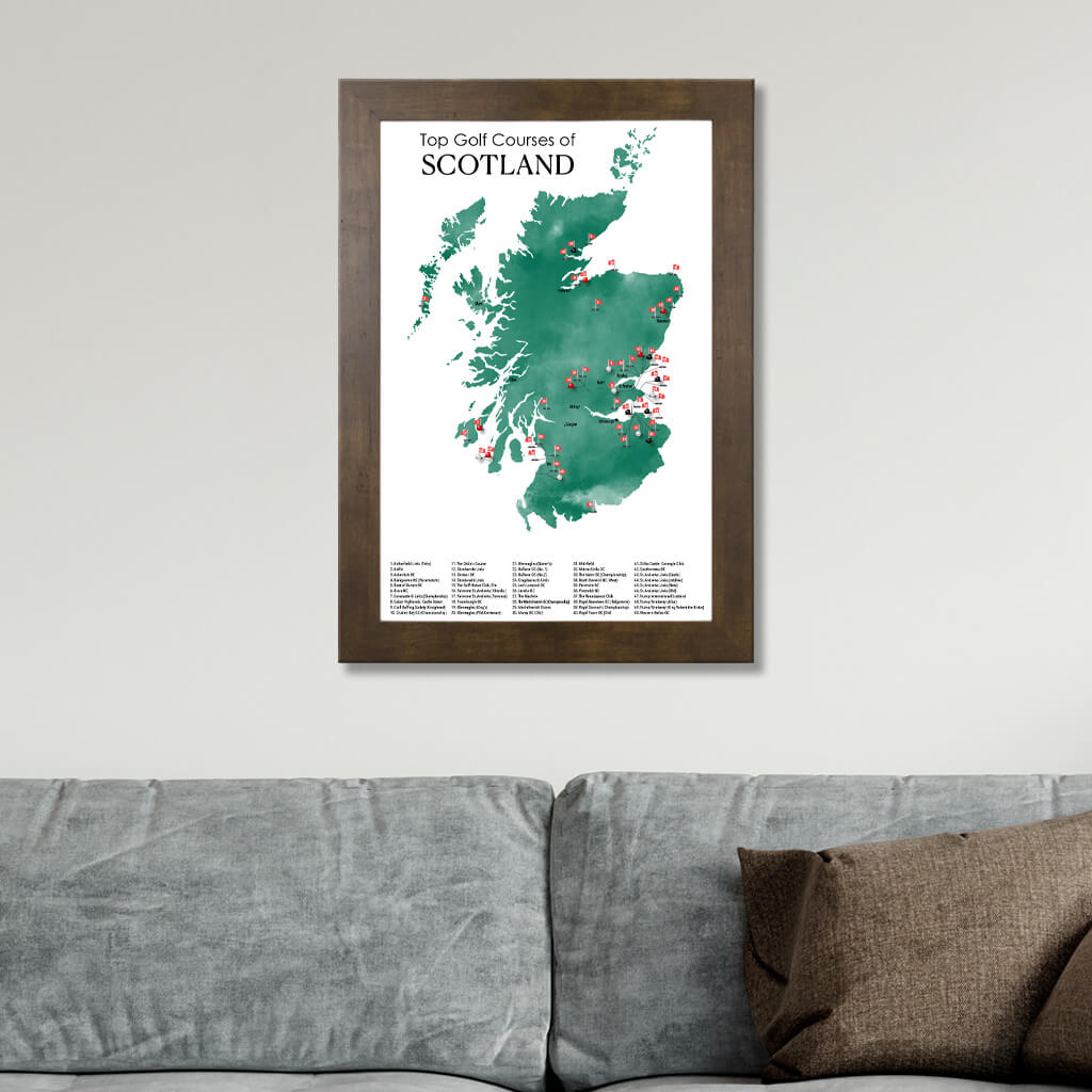Top Golf Courses of Scotland Wall Map in Rustic Brown Frame