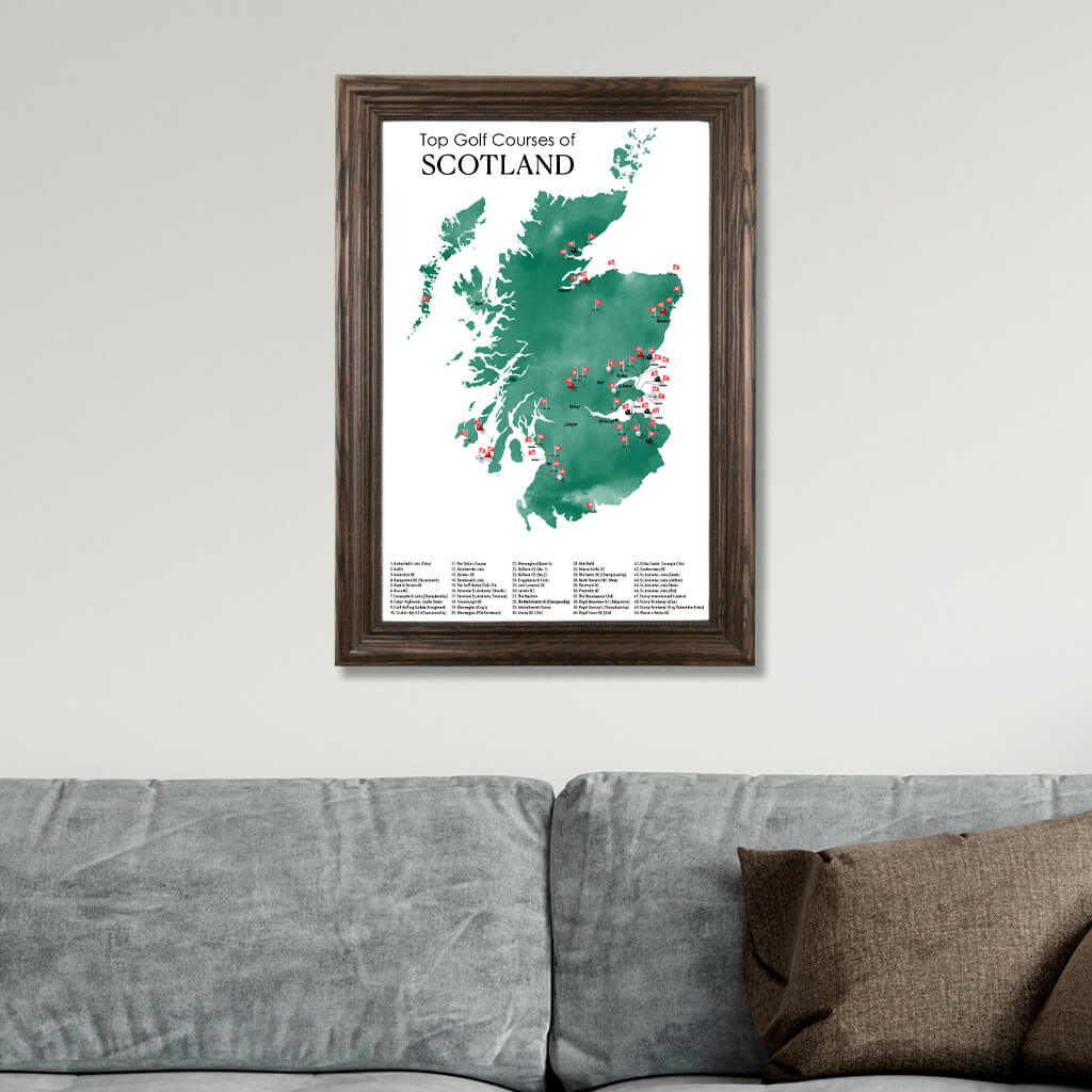 Top Golf Courses of Scotland Wall Map in Solid Wood Brown Frame