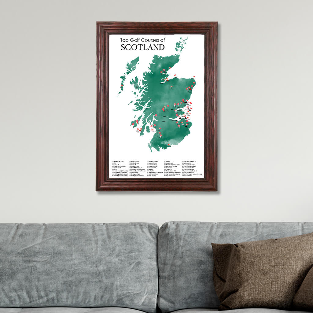 Top Golf Courses of Scotland Wall Map in Solid Wood Cherry Frame