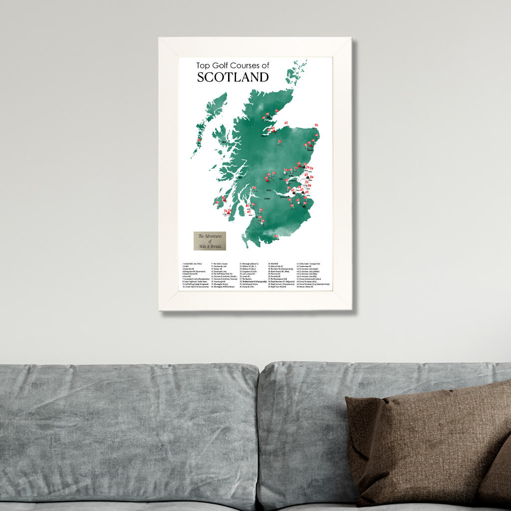 Top Golf Courses of Scotland Wall Map in Textured White Frame