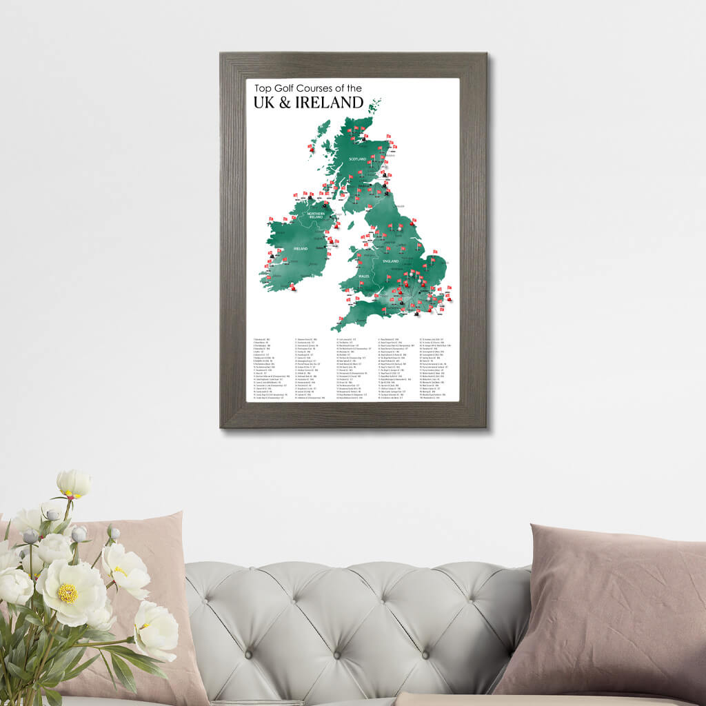 The UK and Ireland Top Golf Courses Framed Travel Map in Barnwood Gray Frame