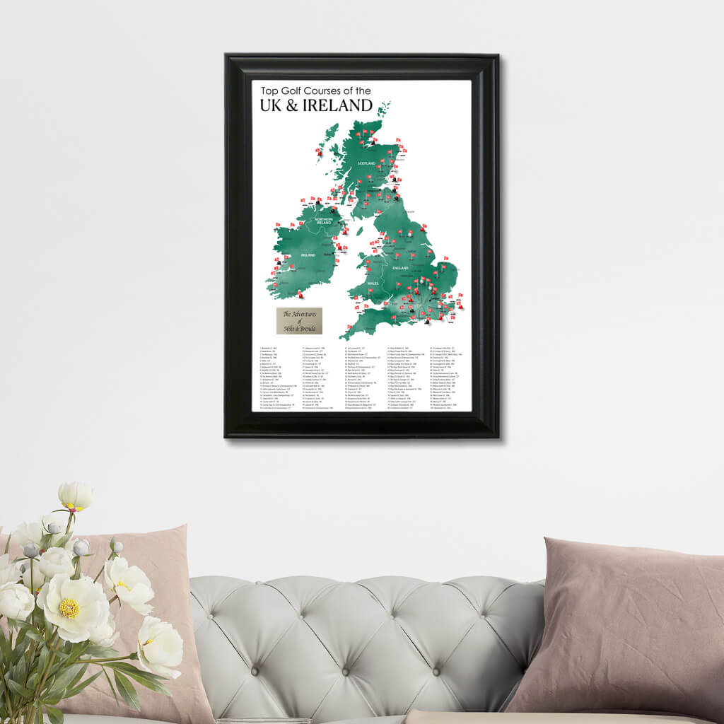 The UK and Ireland Top Golf Courses Framed Travel Map in Black Frame