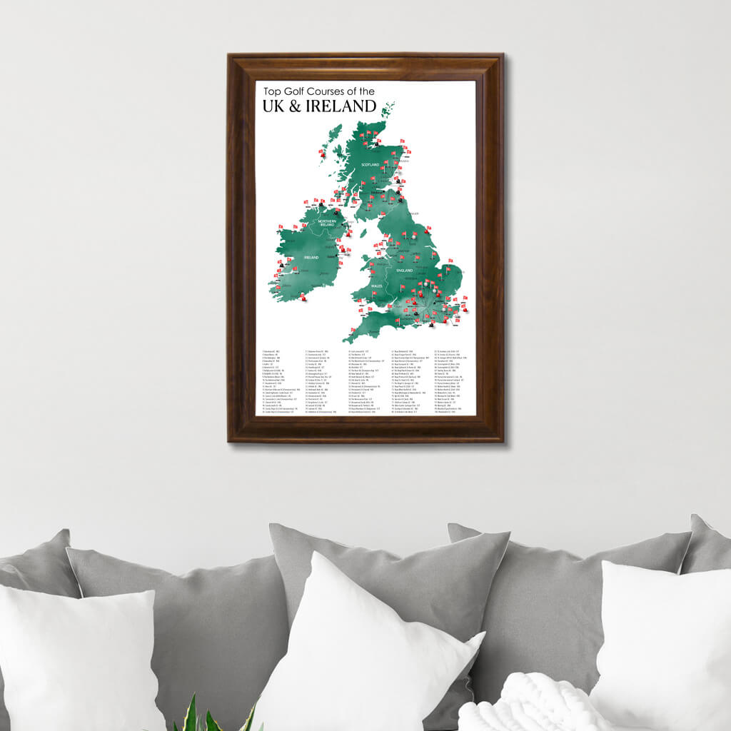 Canvas Map of Top Golf Courses of the UK &amp; Ireland in Brown Frame