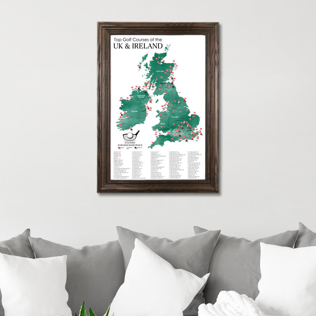 Canvas Map of Top Golf Courses of the UK &amp; Ireland in Solid Wood Brown Frame