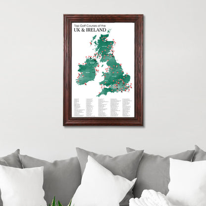 Canvas Map of Top Golf Courses of the UK & Ireland in Solid Wood Cherry Frame