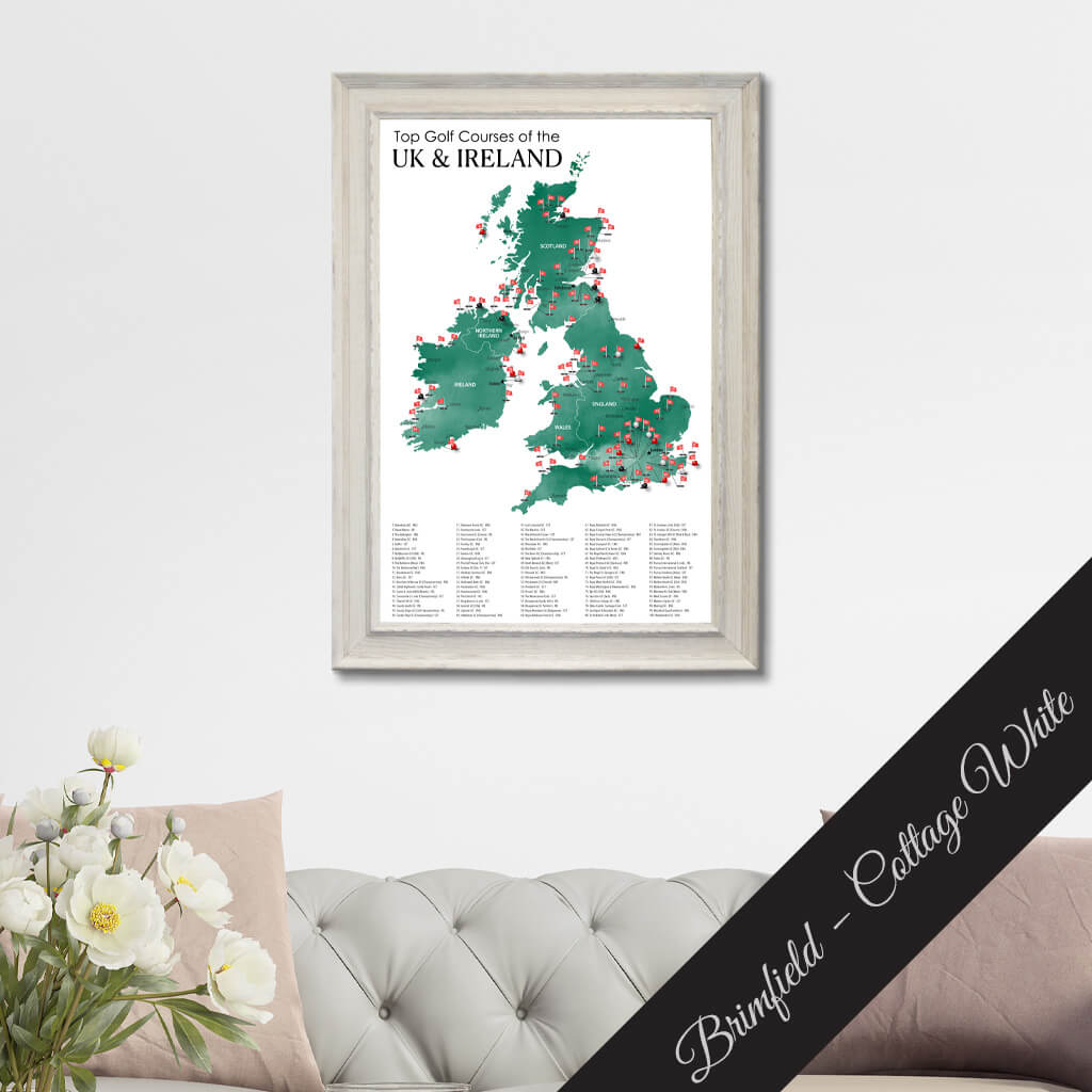 Canvas Map of Top Golf Courses of the UK &amp; Ireland in Premium Brimfield White Frame