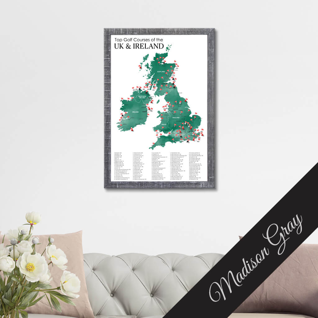 Canvas Map of Top Golf Courses of the UK &amp; Ireland in Premium Madison Gray Frame