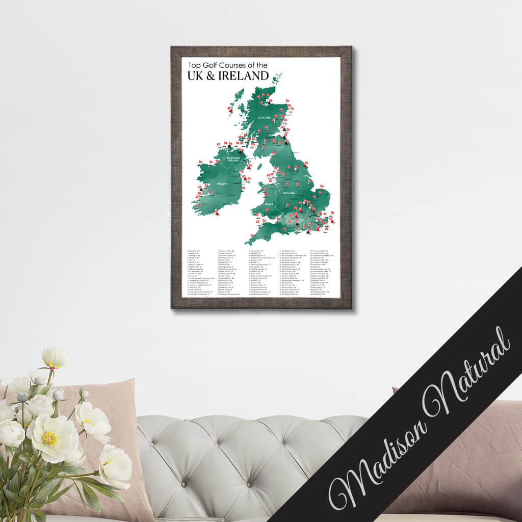Canvas Map of Top Golf Courses of the UK &amp; Ireland in Premium Madison Natural  Frame
