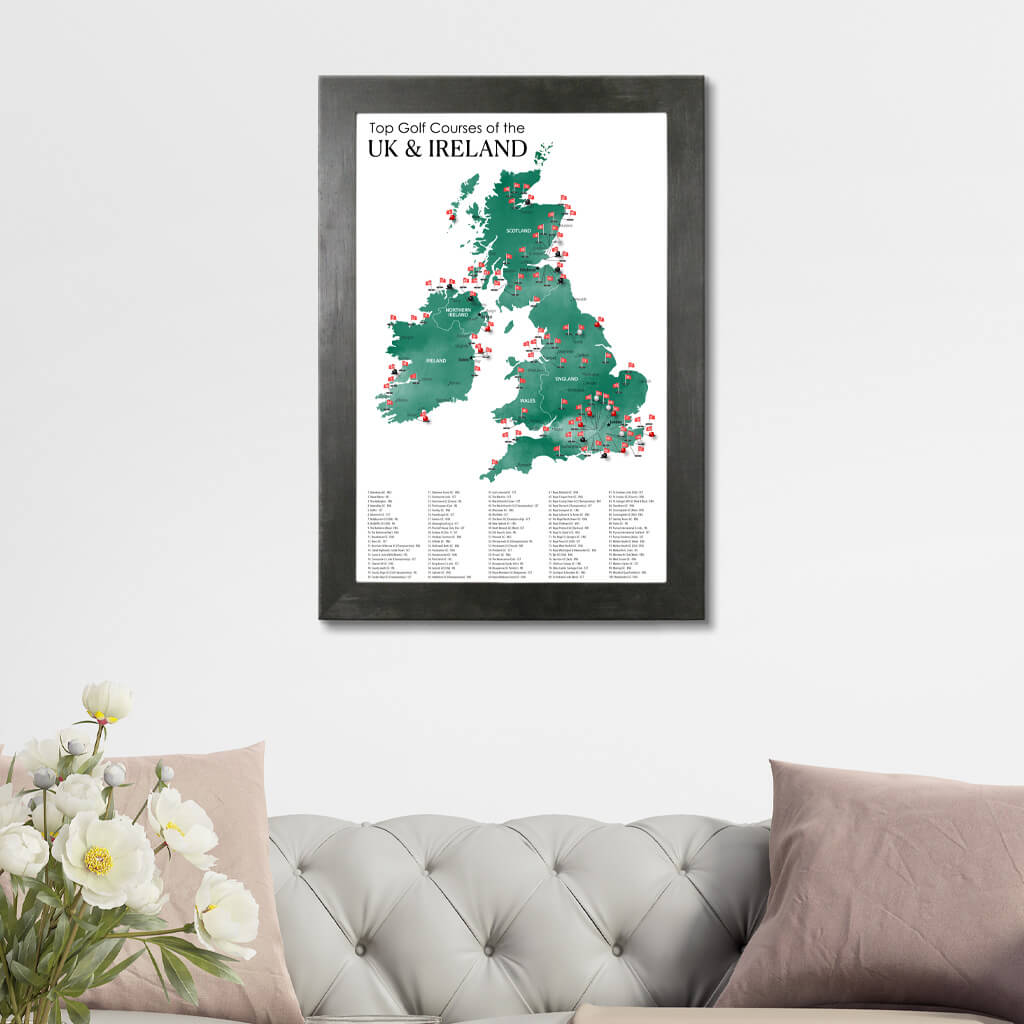 The UK and Ireland Top Golf Courses Framed Travel Map in Rustic Black Frame