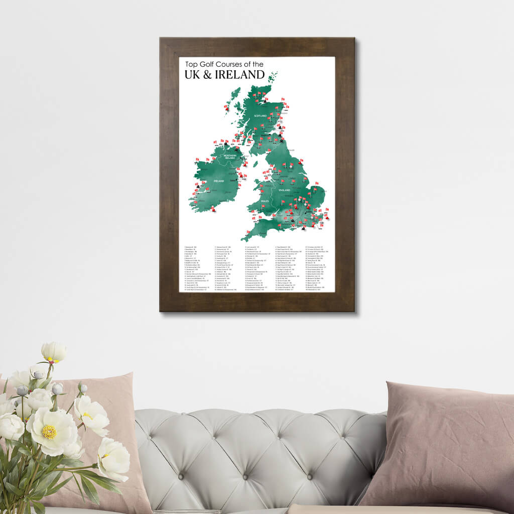 The UK and Ireland Top Golf Courses Framed Travel Map in Rustic Brown Frame