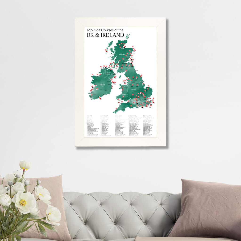 The UK and Ireland Top Golf Courses Framed Travel Map in Textured White Frame