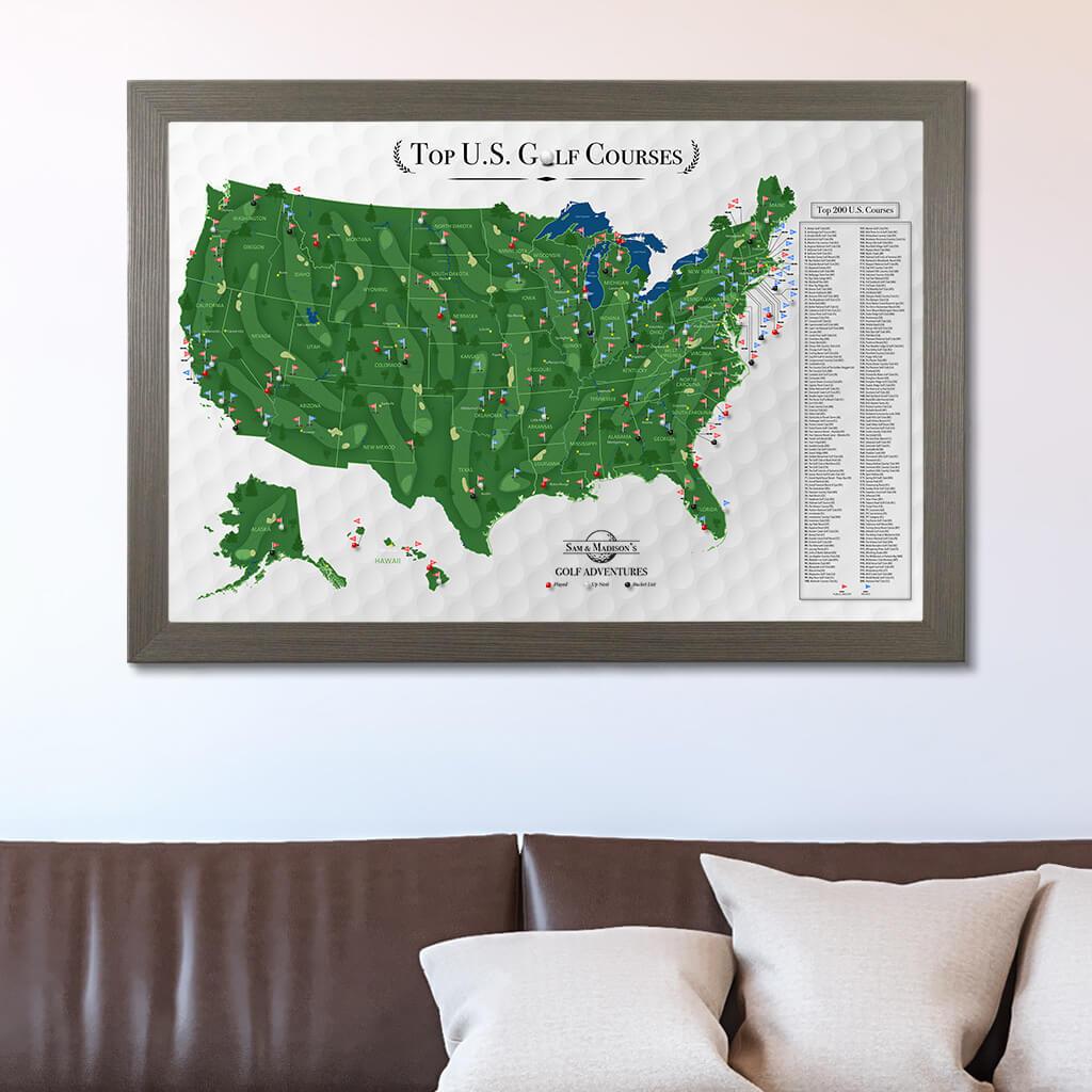 Framed Canvas Golfers Map with Barnwood Gray Frame and Pins