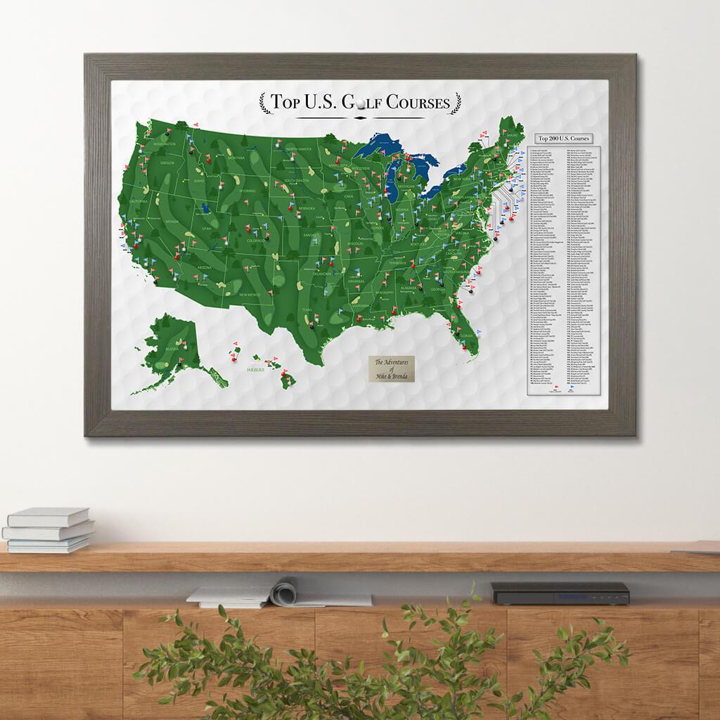 Top US Golf Courses Map in Barnwood Gray Frame