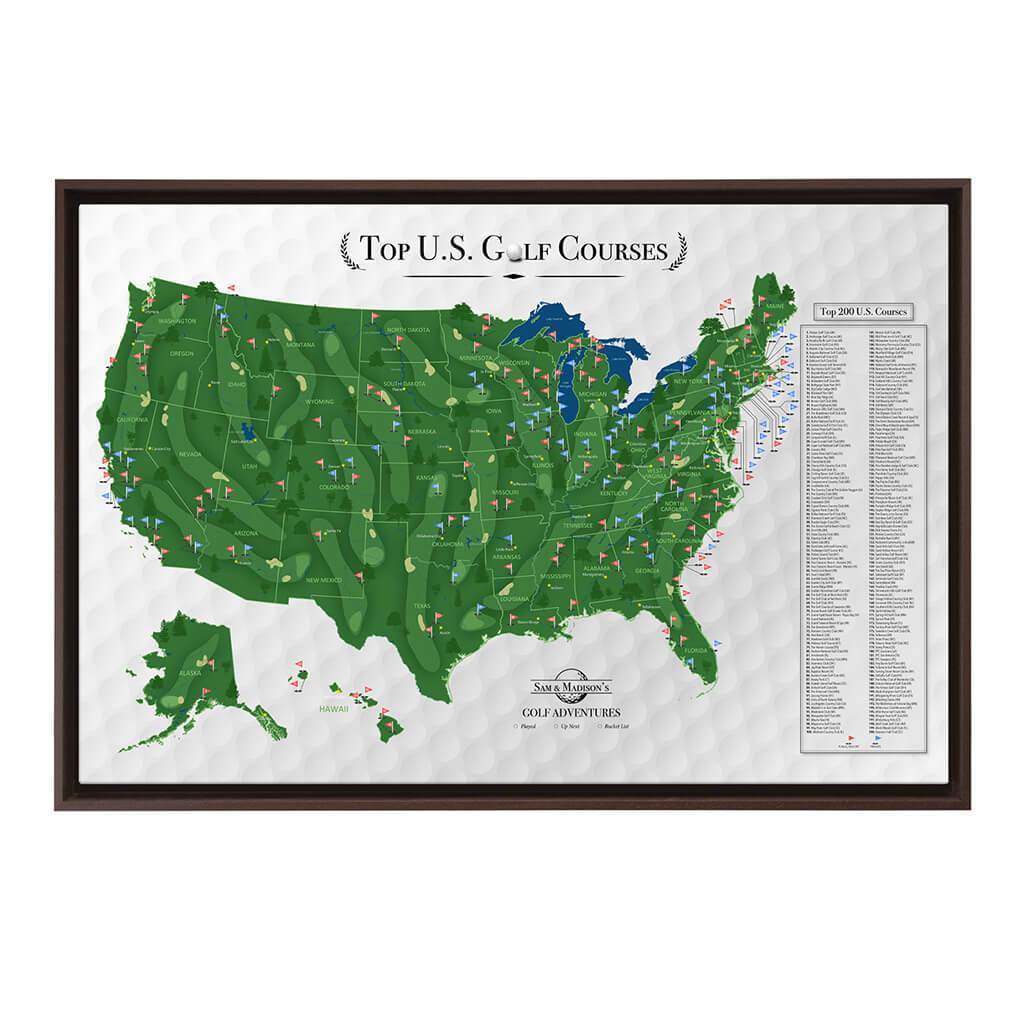 Gallery Wrapped Canvas Top US Golf Courses Map in Brown Float Frame