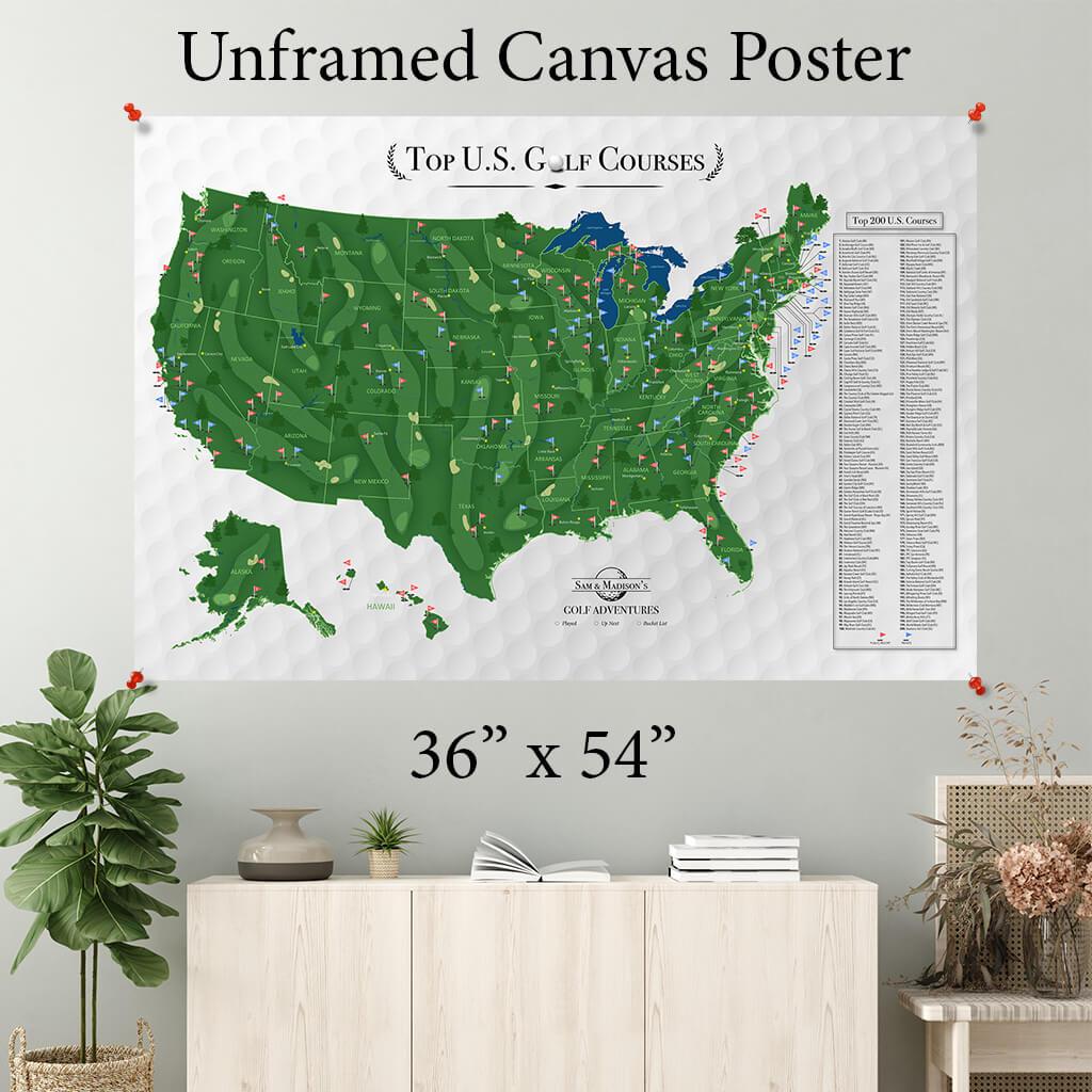 Large Canvas Wall Poster of 200 Top US Golf Courses - 36 inches by 54 inches