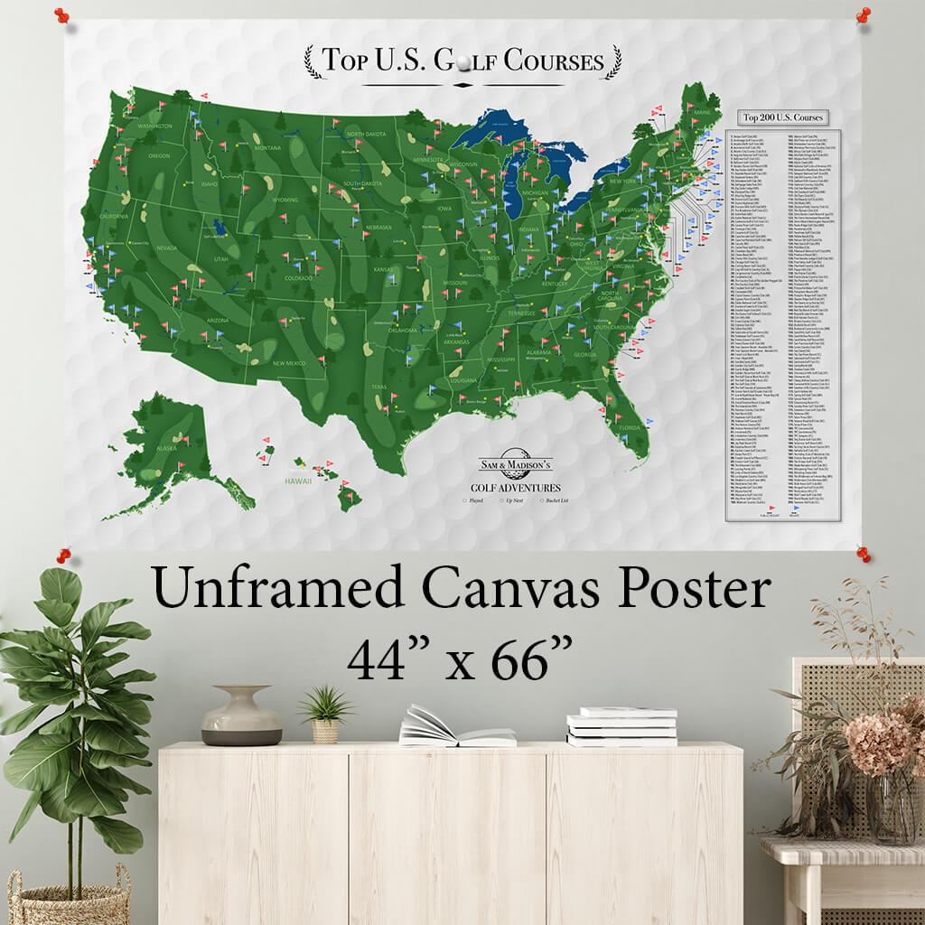 Large Canvas Wall Poster of 200 Top US Golf Courses - 44 inches by 66 inches