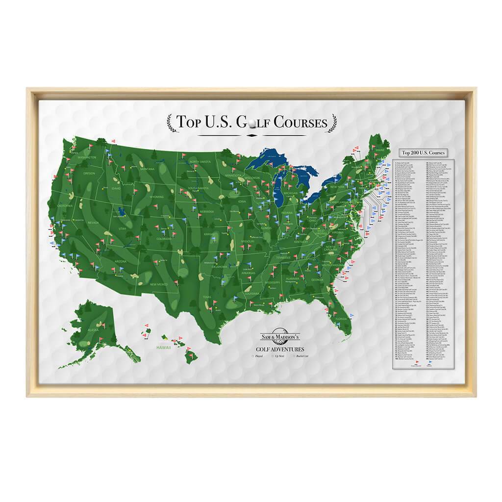 Gallery Wrapped Canvas Top US Golf Courses Map in Natural Float Frame