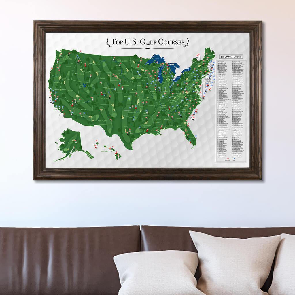 Canvas Golf Pin Map in Solid Wood Brown Frame