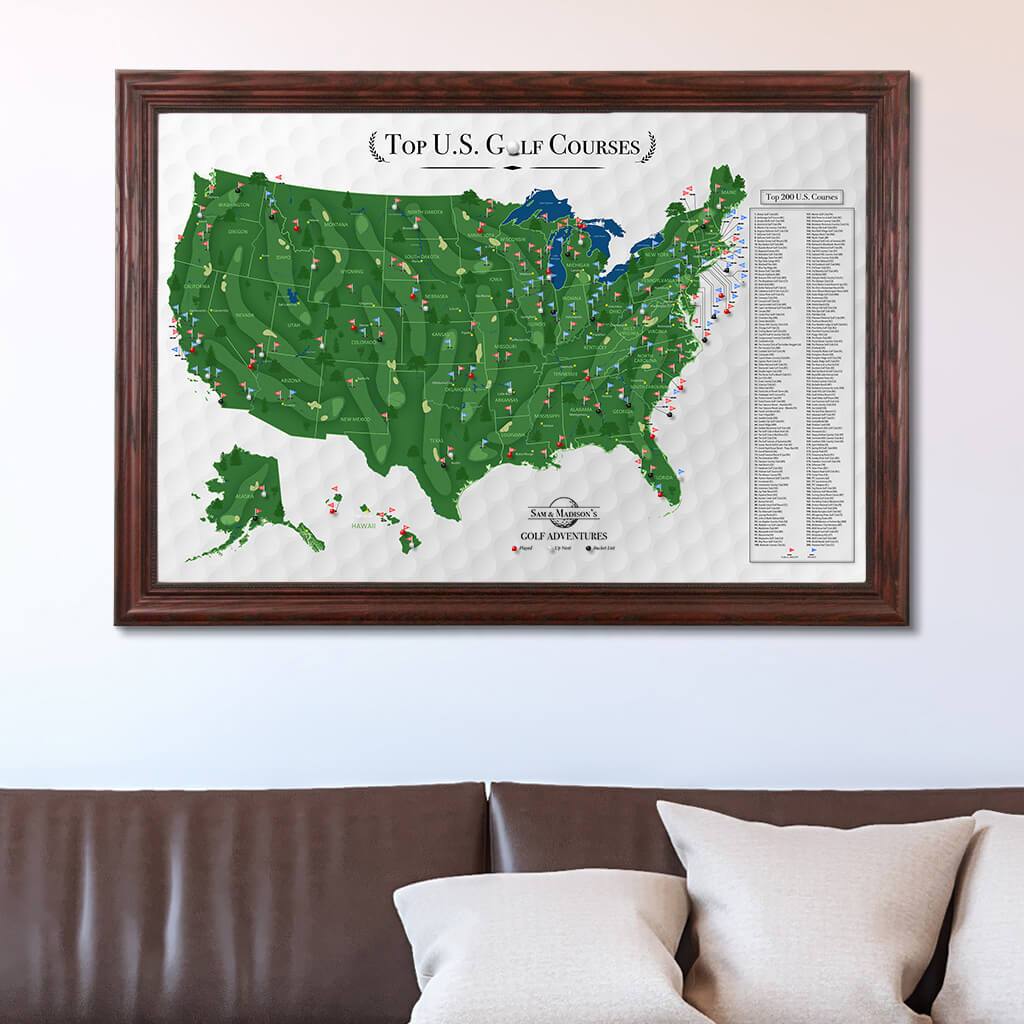 Top US Golf Courses Map on Canvas in Solid Wood Cherry Frame