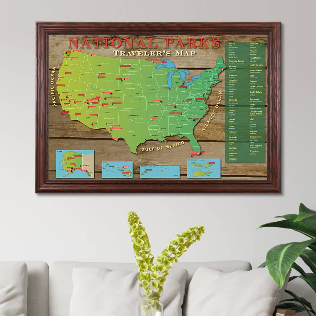 National Parks Map in Solid Wood Cherry Frame