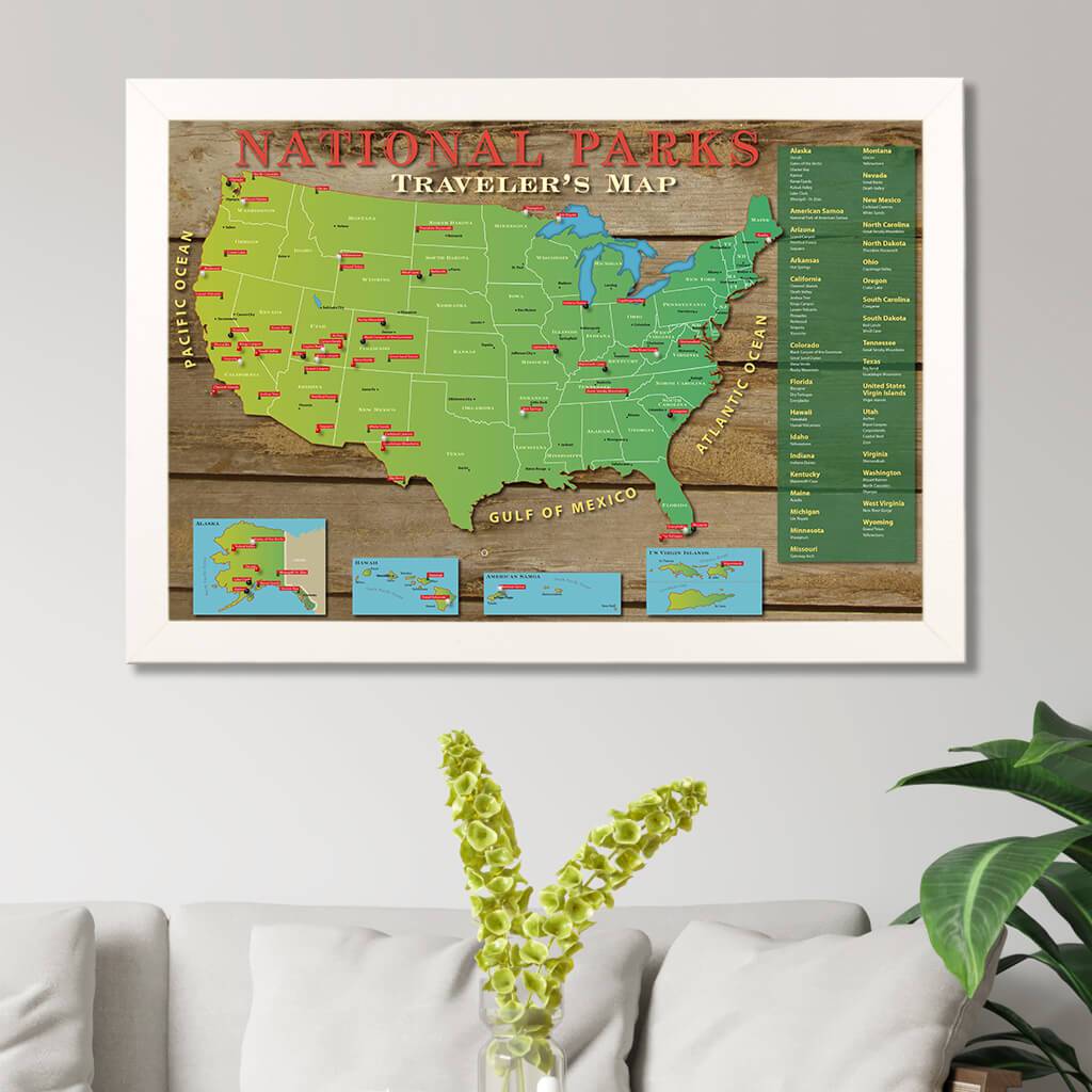 National Parks Map in Textured White Frame