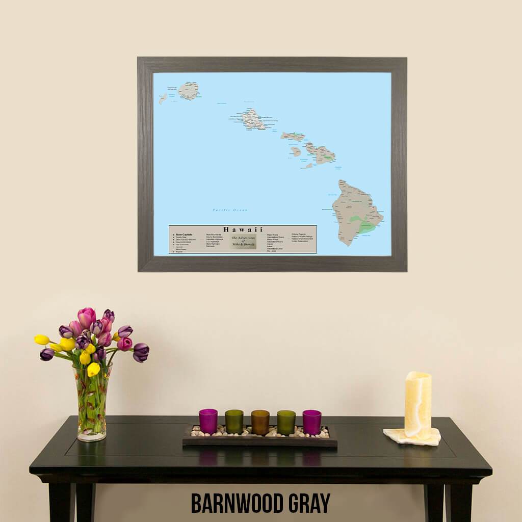 Earth Toned Hawaii State Travel Map Barnwood Gray Frame
