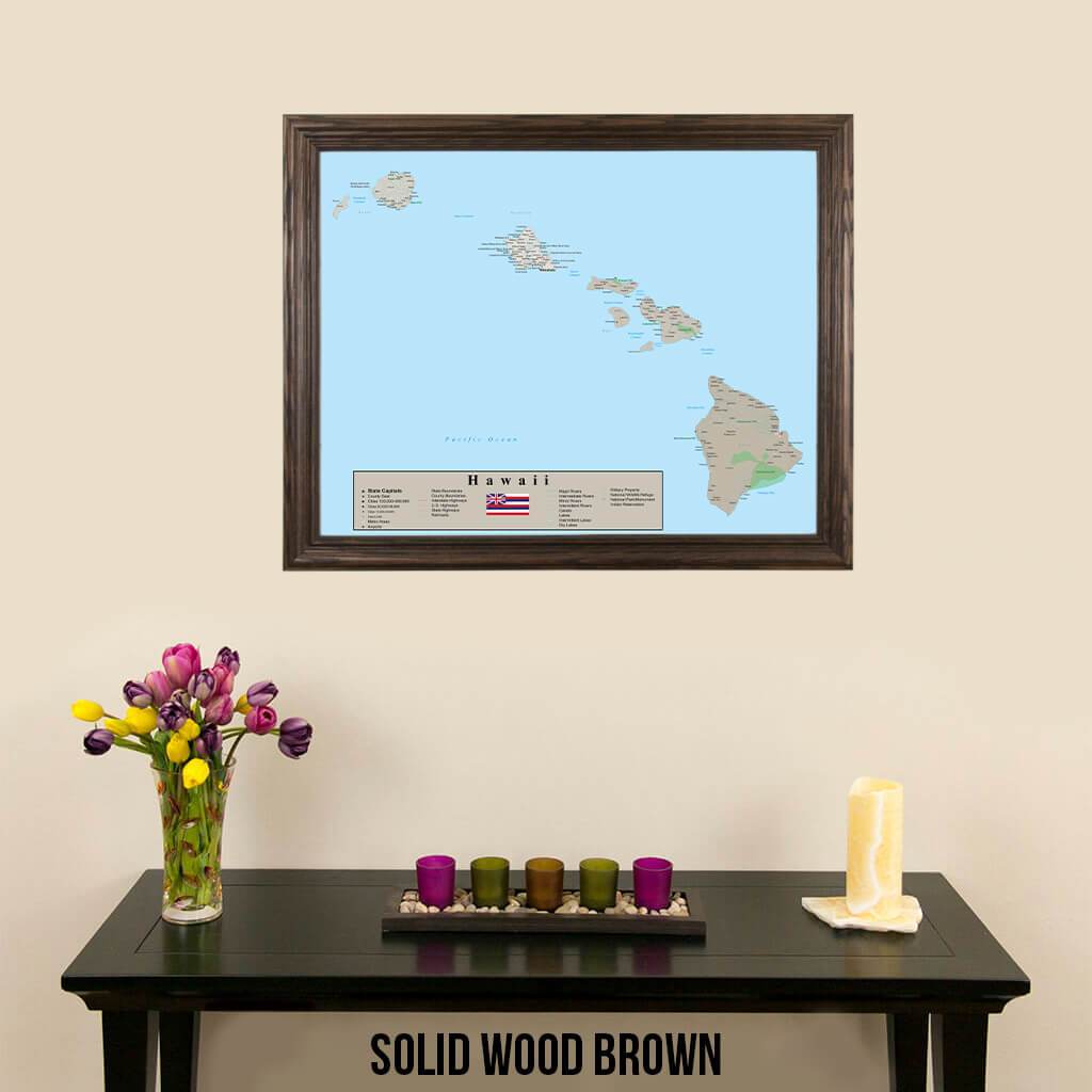Earth Toned Hawaii State Travel Map Solid Wood Brown Frame