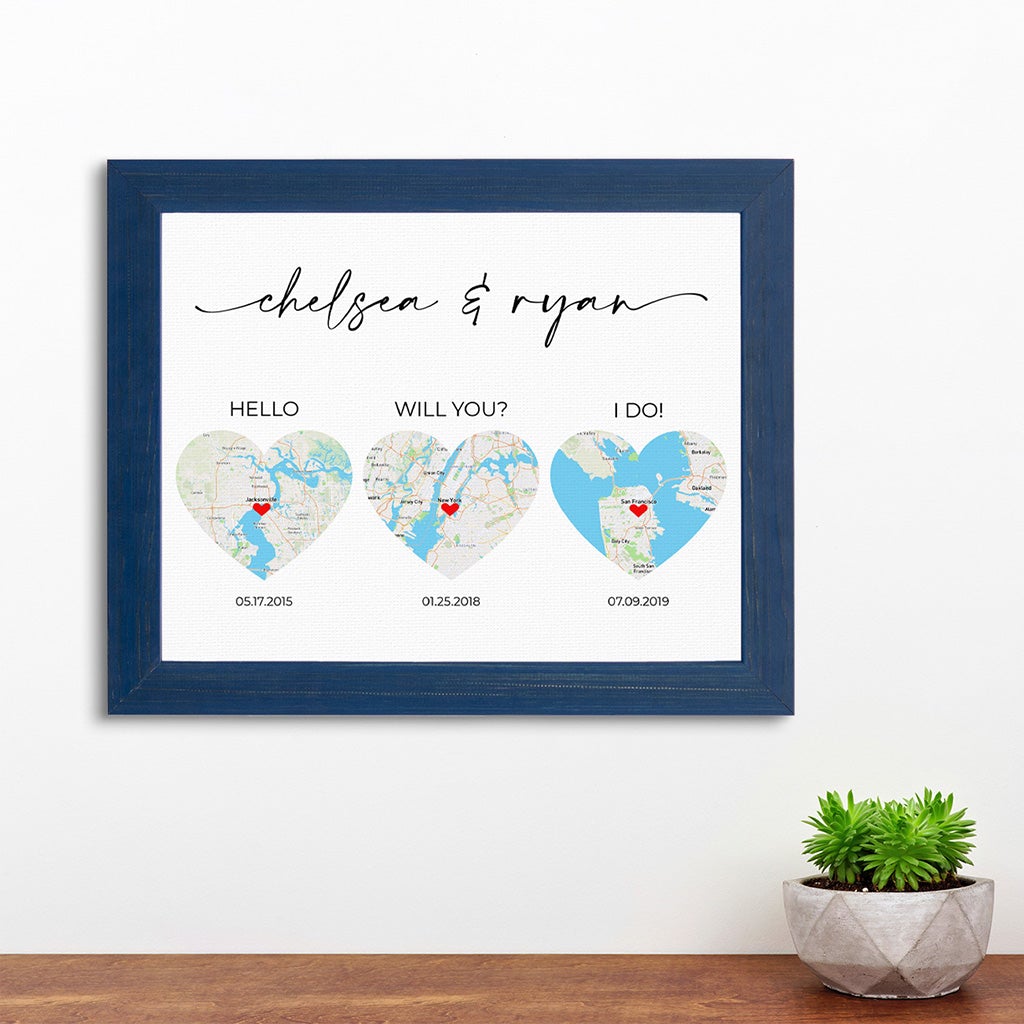 Hello, Will you? , I do! Couples Wall Art in Carnival Blue Real Wood Frame