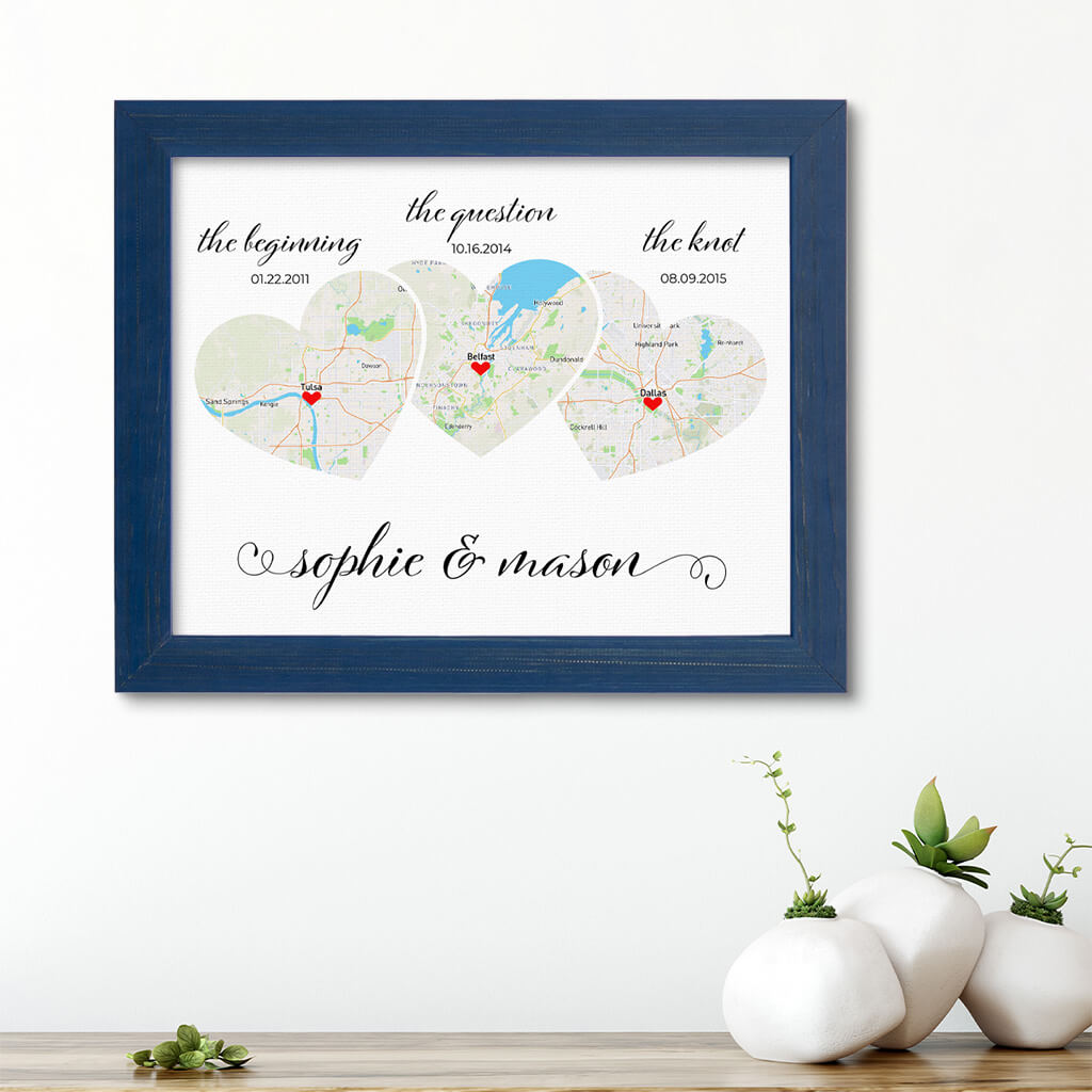 Custom 3 Heart Map Art Canvas Print in Carnival Blue Wooden Frame